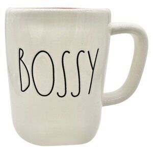 Rae Dunn Artisan Collection 20 oz Mug BOSSY White Black Letter Orange Inside NEW